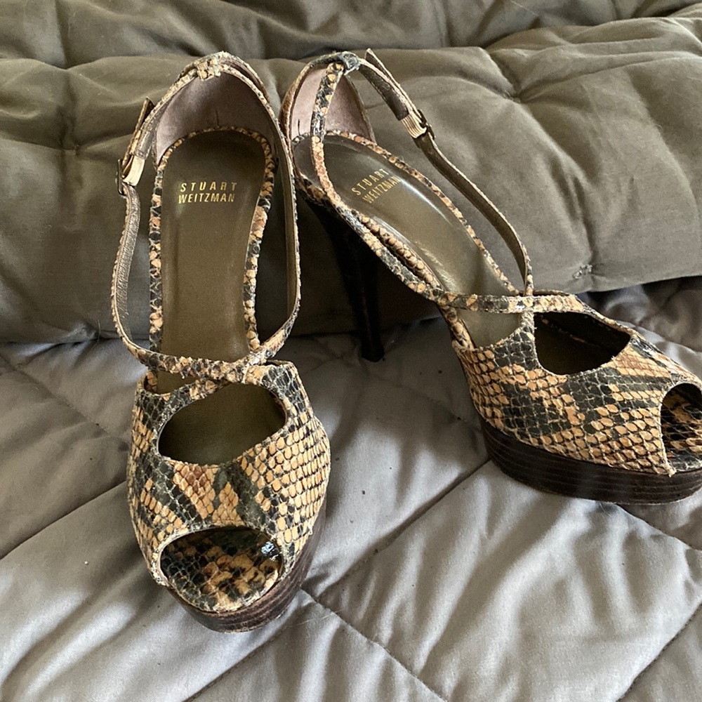 Stuart Weitzman snake embossed platform sandal heels